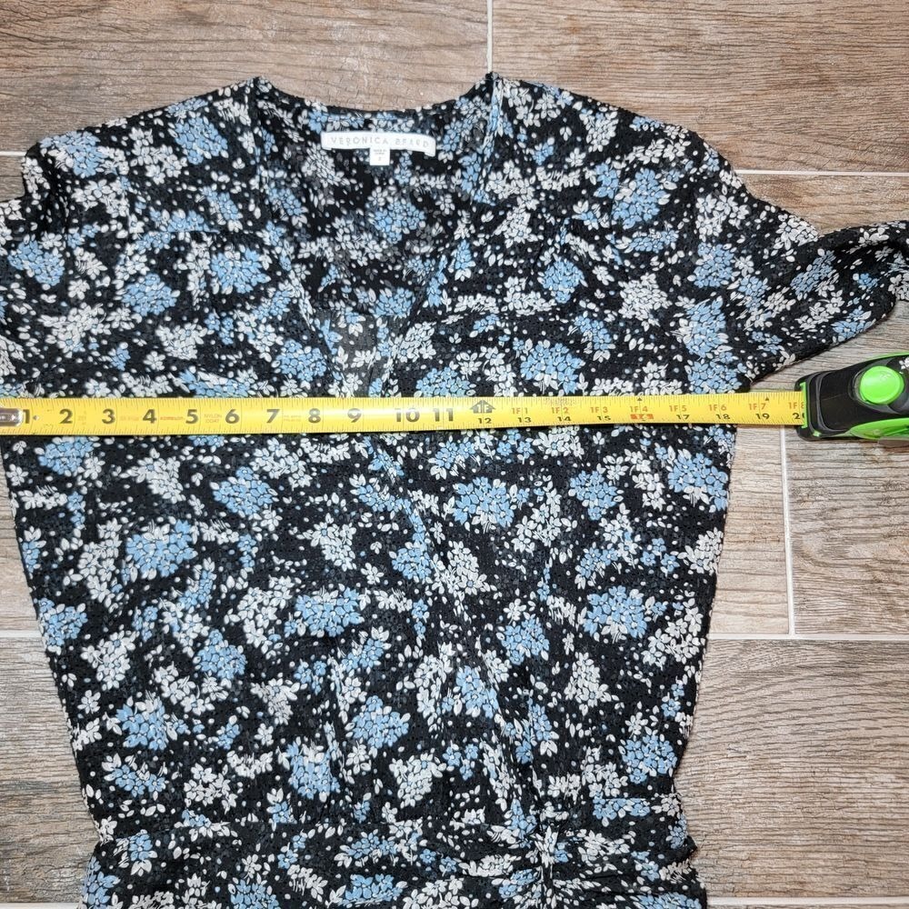 VERONICA BEARD Sean Silk Mini Dress Sz 2 Blue Black Floral Bell Sleeve Sheer - Picture 7 of 12